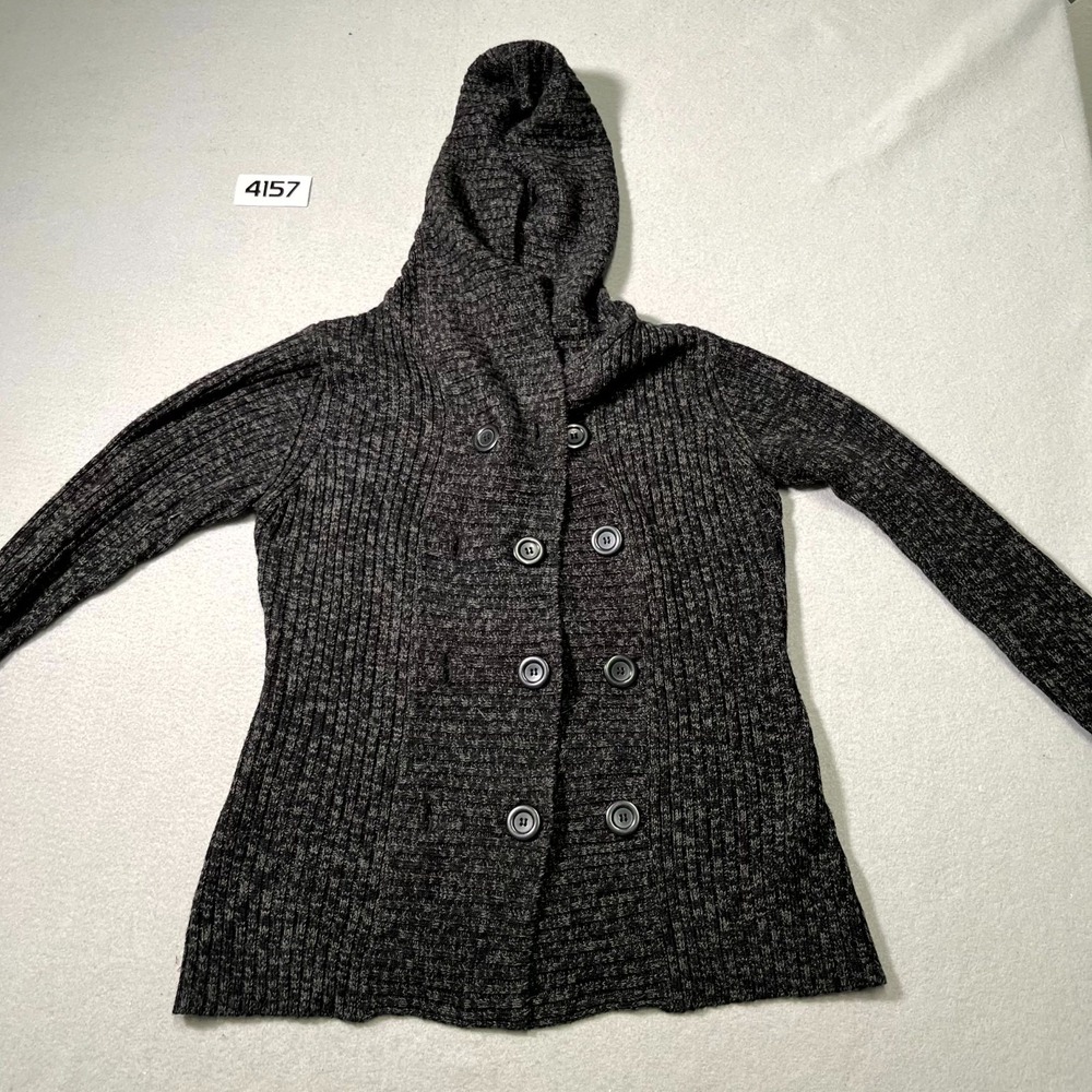Carol Rose Cardigan Sweater Womens Small Gray Ribbed Knit Double Breasted Hooded